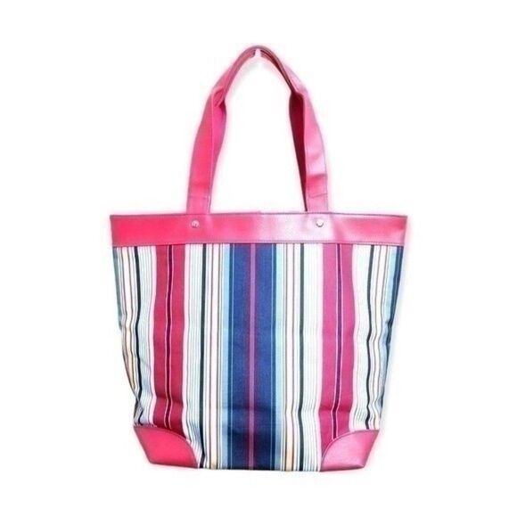 Lancome Red Multi Colored Stripe Beach Tote Book Bag  10 0099 - Picture 5 of 5